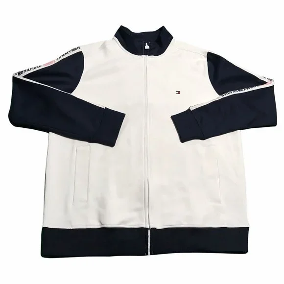 Tommy Hilfiger Mens Full Zip Mock Neck Sweater Size L Tall White Navy Stretch Zip Up